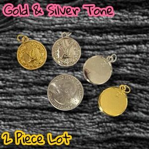 Lot of 2 Round LV Medallion Gold & Silver Tone Charm Zipper Pull Pendant